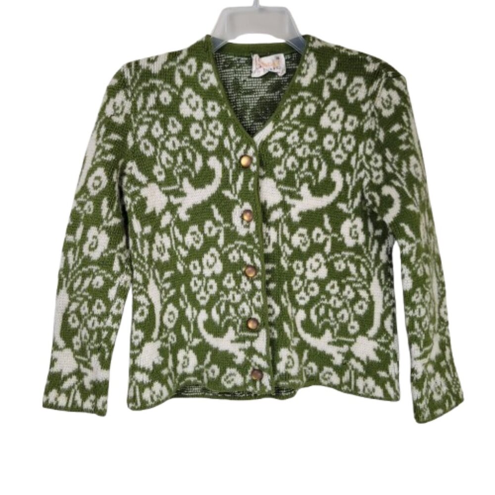 Vintage Catalina Jacquard Wool Cardigan Green Ivory Floral Women's XS
